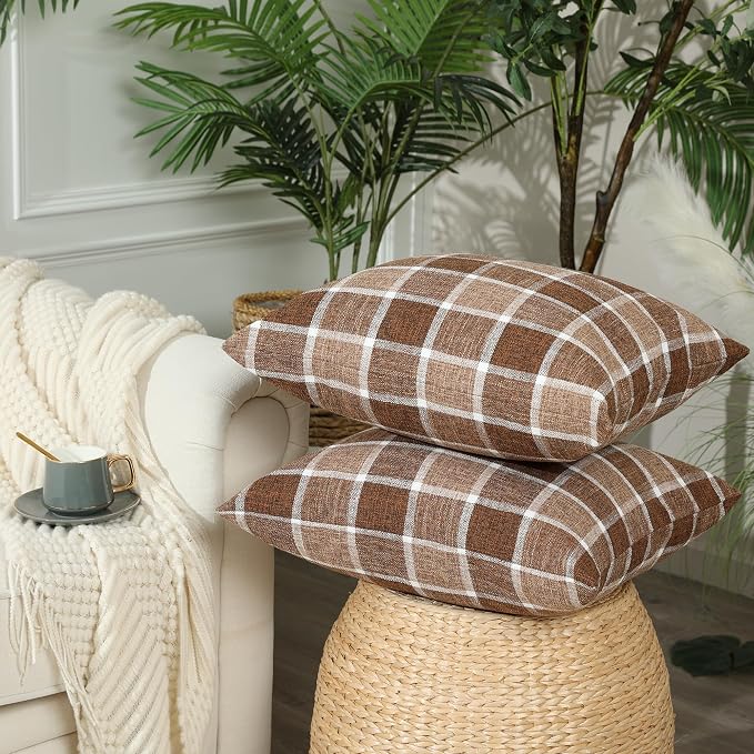 Stellhome Pack of 2 Linen Buffalo Check Throw Pillow Covers, Farmhouse Plaid Decorative Cushion Covers for Couch Sofa Living Room, 24x24 Inch, Check-Chocolate