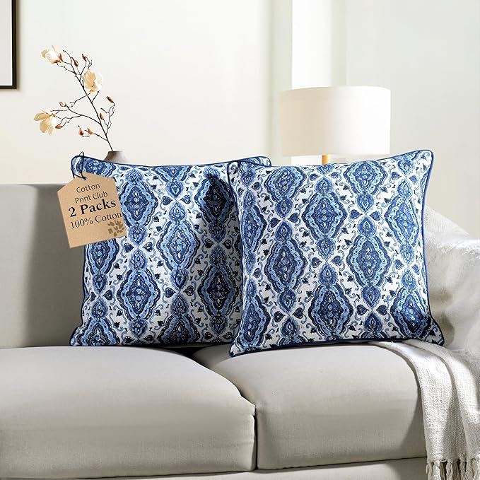 CPC Sea Blue Block Print Throw Cushion Cover 18 x 18 Inch Set 2 - Decorative Boho Floral Pillow Case for Living Room, Bed, Sofa, Couch, Home Decor Cushion Cover Gift for Spring, Mother's Day