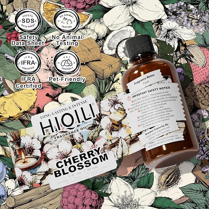 HIQILI Cherry Blossom Fragrance Oil, Floral Perfume Oil - 1 Fl Oz | Long-Lasting Scent for Candle & Soap Making, for Essential Oils Diffuser & Fresh Spray, DIY Skin Care and Body Product