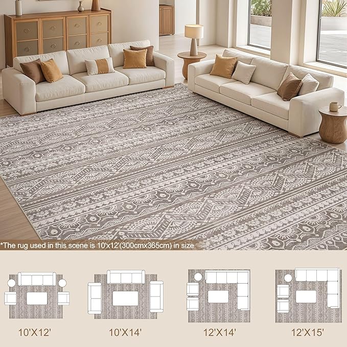 Tortania Area Rug Living Room Rugs - 10x12 Washable Large Soft Neutral Boho Moroccan Bohemian Farmhouse Rug Indoor Floor Carpet for Bedroom Under Dining Table Home Office Decor - Dark Brown