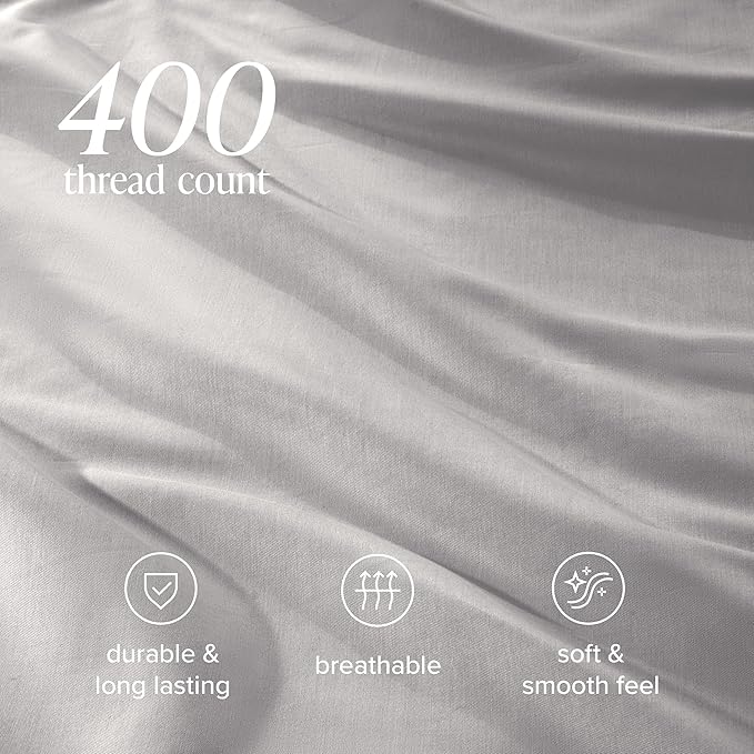 Bare Home 100% Organic Cotton Sateen Duvet Cover Set - Full/Queen Size - 400 Thread Count - Smooth Sateen Weave - Warm & Luxurious - Duvet Cover (Queen, Light Grey)