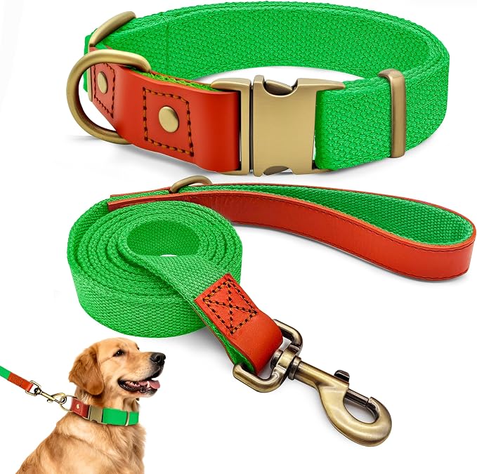 Dog Collar and Leash Set with Metal Quick Release Buckle, Adjustable, Breathable Nylon, Durable, Soft and Comfortable, No Pull for Walking and Training, Fluorescent Green, XL (16.9"-26")