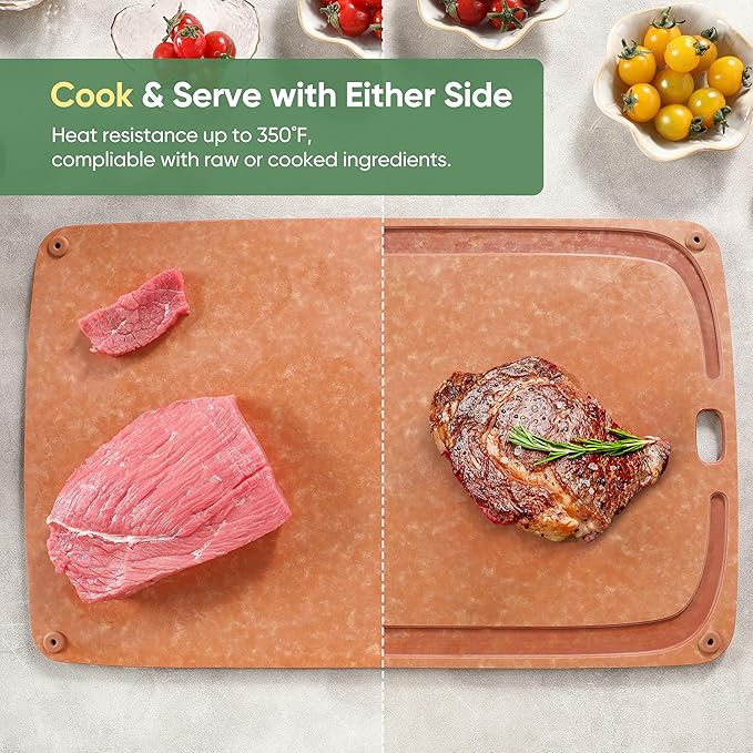Wood Fiber Cutting Board for Kitchen - Premium Wood Fiber Cutting Board with Juice Groove and Non-slip Feet, Dishwasher Safe, Knife-Friendly Chopping Board for Meat, Bread, Fruit, 17.3”x12.8”, Wooden