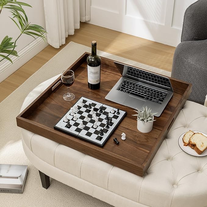 28 x 28 inches King Sized Square Ottoman Table Tray, Oversized Solid Wooden Black Walnut Decorative Serving Tray with Handles, Extra Large Cube Platter for Bed Oversized Ottoman
