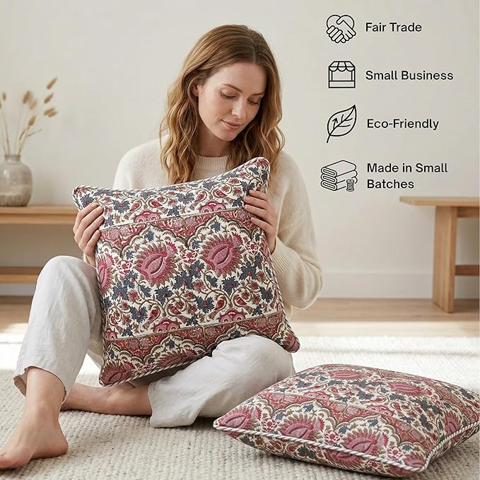ATOSII Block Print Throw Pillow Covers, 20 X 20 - Set of 2, Decorative Couch Pillows for Living Room Bed Sofa, 100% Cotton Canvas Pillow Case for Home Decor & Outdoors, Preppy Throws - Bella