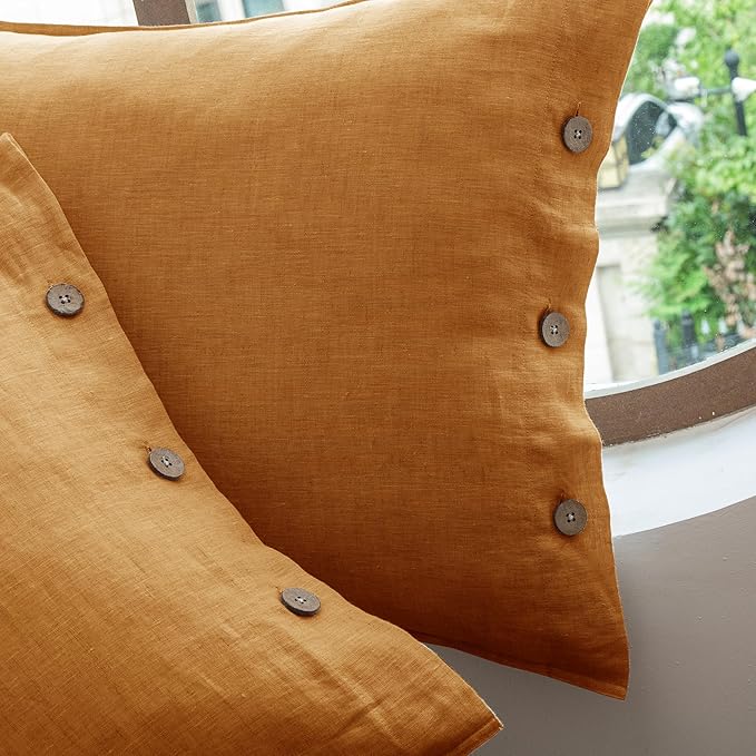 EVERLY 100% Linen Pillowcases Set of 2, French Linen from Normandy, 20X36Inch Standard Size, Natural Color, Coconut Buttons Closure, Flax Pillowshams-Pillowcase-Caramel