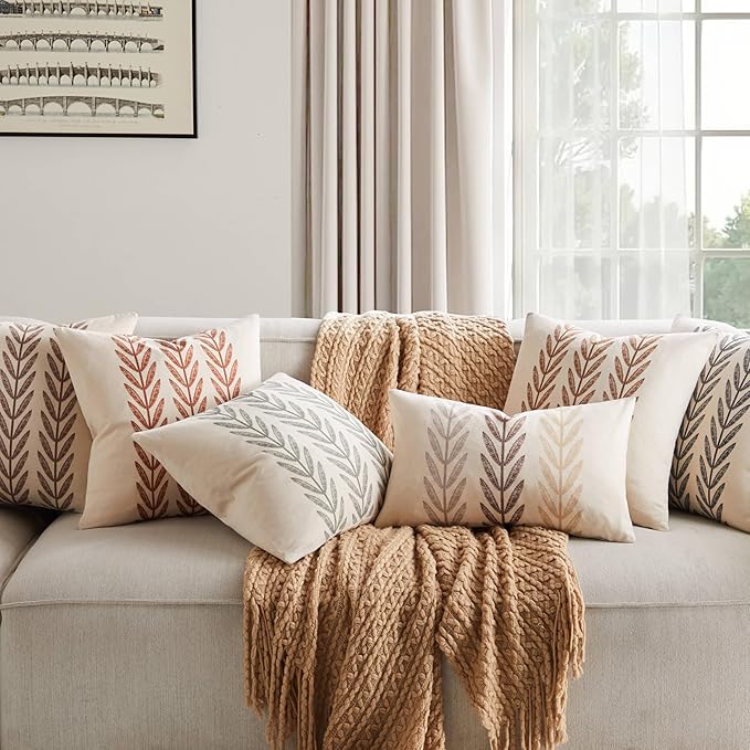 100% Cotton Farmhouse Leaves Throw Pillow Covers Set of 2, 24x24 Inch Black Pastoral Decorative Print Cushion Covers for Sofa Bed Living Room Home Decor