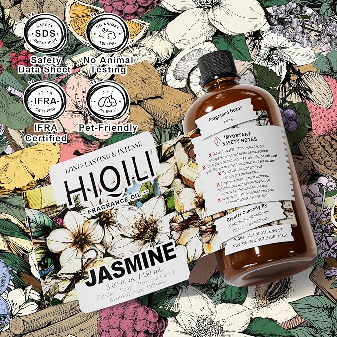 HIQILI Jasmine Fragrance Oil for Women Perfume Making - 5.07 Fl Oz | Suitable for Aromatherapy Diffuser, Long-Lasting Floral Scent, DIY Candle & Soap, Laundry Essential Oil
