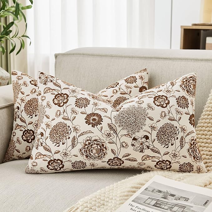 100% Cotton Botanical Lumbar Throw Pillow Covers Set of 2, 12x20 Inch Brown, Farmhouse Double-Sided Floral Print Decorative Cushion Covers Pillow Cases Boho Home Decor