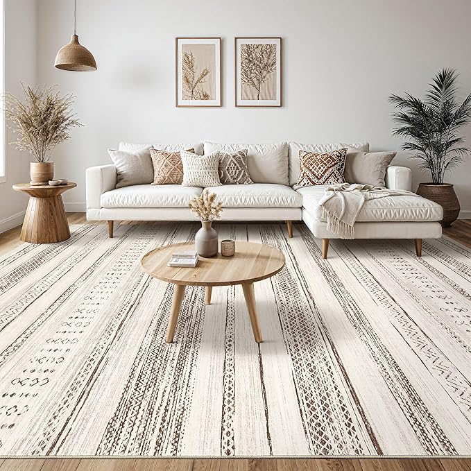 Tortania Area Rug Living Room Rugs - 5x8 Washable Large Soft Neutral Boho Moroccan Bohemian Farmhouse Rug Indoor Floor Carpet for Bedroom Under Dining Table Home Office Decor - Brown Beige