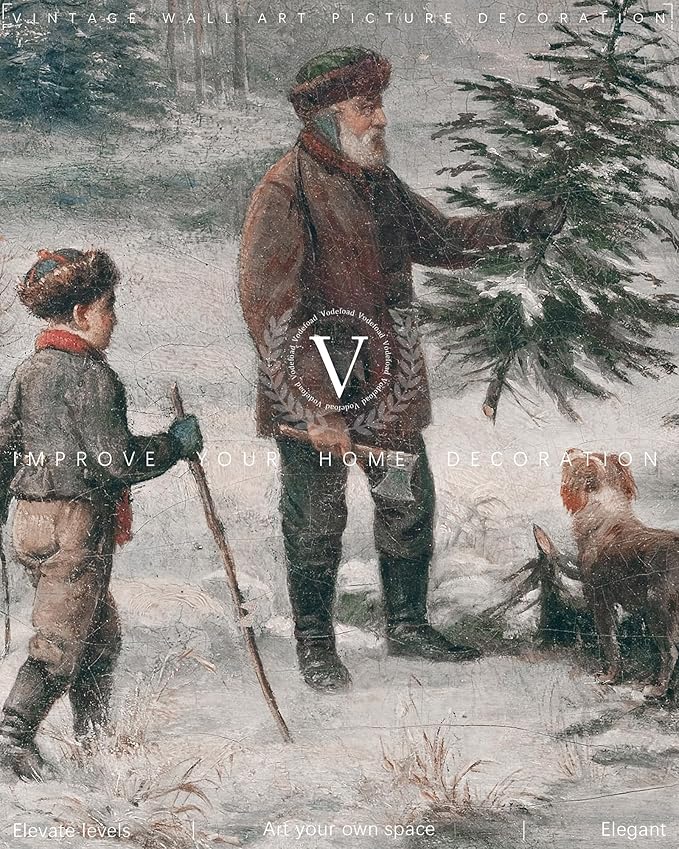 Vodefoad Vintage Christmas Wall Art Winter Landscape Painting Retro Xmas Antique Rustic Canvas Print Snowy Christmas Winter Print for Gallery Bedroom Bathroom - 8x10Inch Unframe