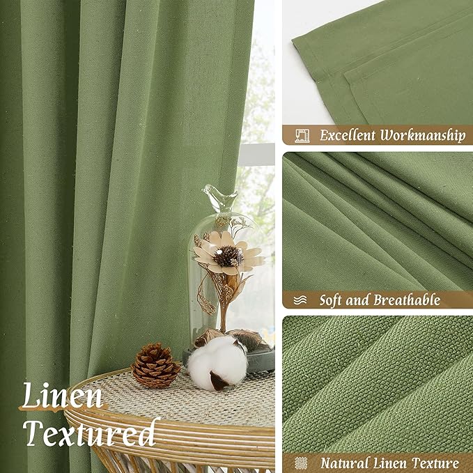 LAMIT Linen Blended Curtains 84 inch for Living Room, Linen Textured Light Filtering Drapes Rod Pocket Boho Panels for Farmhouse/Living Room, 2 Panels, 52 x 84 Inch, Green