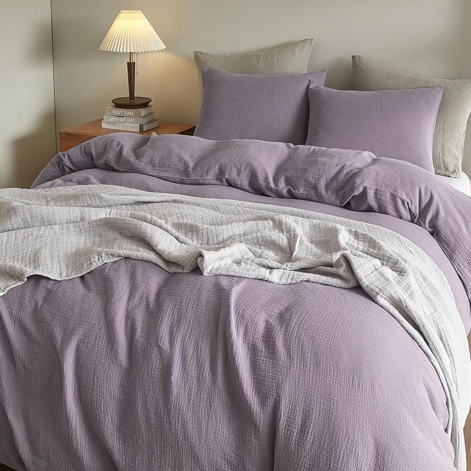 SE SOFTEXLY Muslin Duvet Cover King Size, 100% Washed Cotton Duvet Cover Set, Ultra Soft Comforter Cover Linen Like, 3 Pieces Minimalist Gauze Duvet Cover with 2 Pillowcases, 90"x104", Purple Grey