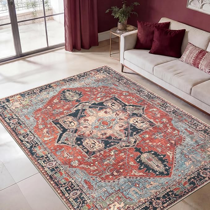 Keen Home Design 5x7 Rug - Machine Washable Area Rug with Non-Slip Backing, Ideal for Living Room, Dining Room, Bedroom - Vintage, Easy Clean, Durable, Low Pile Rug - (5' x 7')