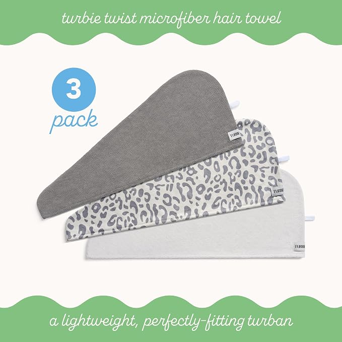Turbie Twist 3-Pack Microfiber Hair Towel for Beauty, Travel, Gifting - Hair Wrap Turban for Straight, Wavy & Curly Hair - Premium Personal Care - Snow Leopard