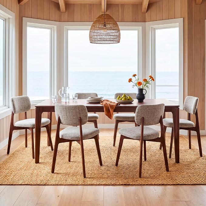 COLAMY Dining Chairs Set of 4, Modern Upholstered Kitchen Room Chairs with Solid Red Oak Wood Legs, 5-Min Easy Assembly Anti-Wobble, High-Weight Fabric Farmhouse Side Chair, 300lbs,Walnut,Oatmeal