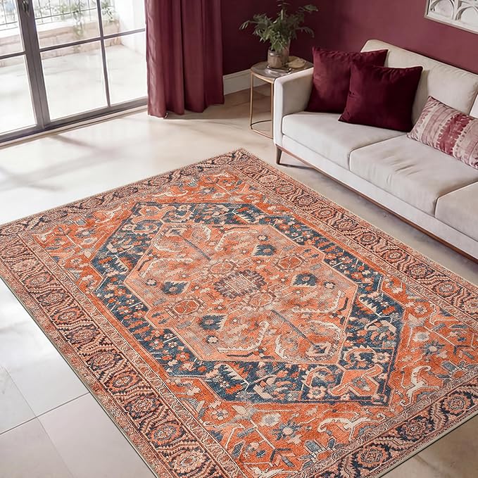 Keen Home Design 5x7 Rug - Machine Washable Area Rug with Non-Slip Backing, Ideal for Living Room, Dining Room, Bedroom - Vintage, Easy Clean, Durable, Low Pile Rug - (5' x 7')