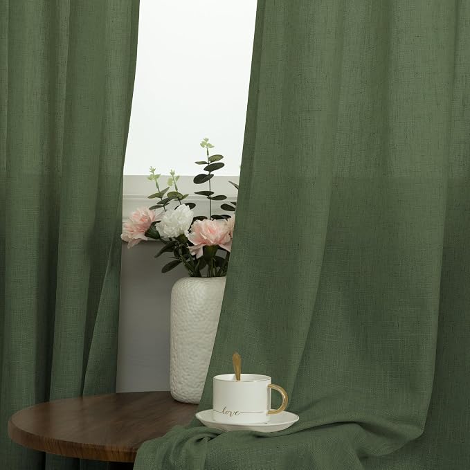 Pitalk Olive Green Curtains 96 Inches Long for Living Room 2 Panels Grommet Semi Sheer Linen Drapes Boho Home Decor Modern Farmhouse Light Weight Forest Avocado Dark Green Curtains for Bedroom 52x96