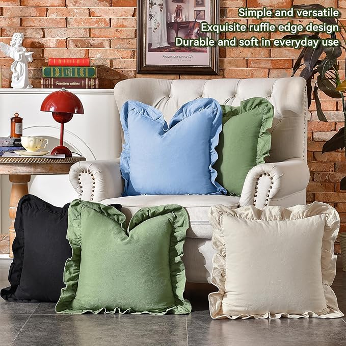 AmHoo Pack of 2 Throw Pillow Covers 100% Cotton Pre Washed Ruffle Decorative Pillowcase Cushion for Couch Sofa Bedroom 20 x 20-Inch Beige