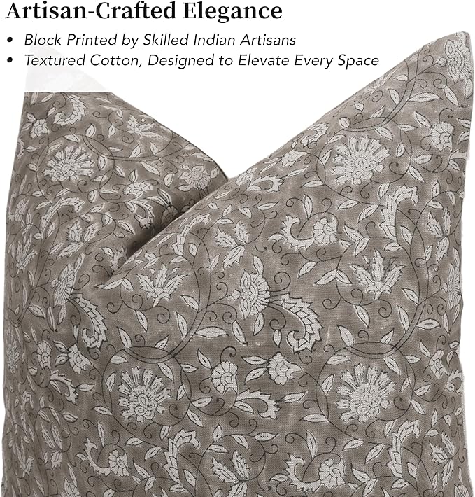 Hand-Block Printed, Artisan-Made Neutral Accent Throw Pillow Covers- 100% Cotton Cushion for Sofa, Bed, Chair, Home Decor, Boho, Indoor - Lina (New Greige, 20" x 20" (Pack of 2))