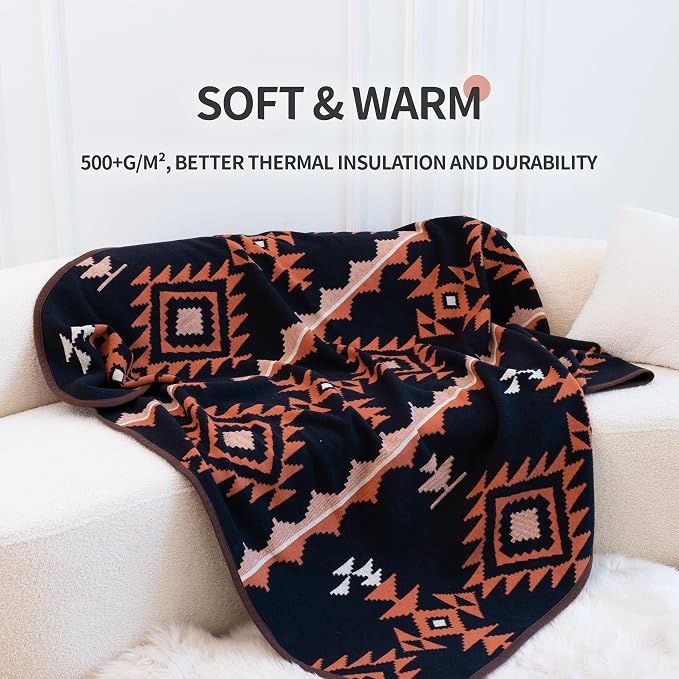ACUSHLA Merino Wool Blend Blanket - Soft Warm Thick Washable Bed Couch Outdoor Camp Travel Car Blanket Throw All Weather, Morocco Navy Blue 63"x51"