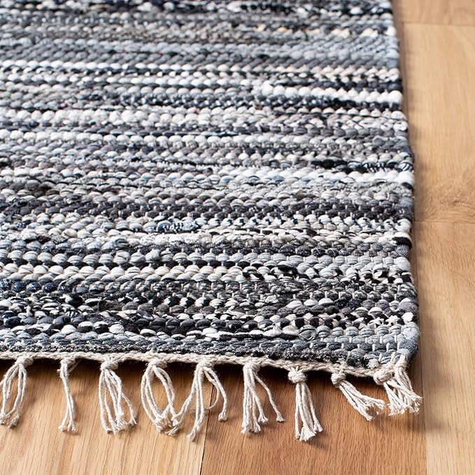 SAFAVIEH Rag Rug Collection Area Rug - 6' Square, Grey, Handmade Boho Stripe Cotton, Ideal for High Traffic Areas in Living Room, Bedroom (RAR128A)