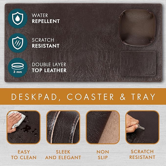 ELIZO Leather Desk Pad Real Leather Desk Mat Thick (3mm) Double Layer (32x16) Cover Blotter Desk Protector Large Computer Mat for Keyboard Mouse Pad Table Laptop Mat Office Accessories - Espresso