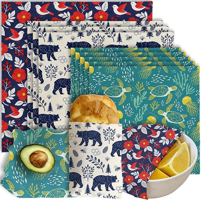 Reusable Beeswax Wrap, 9 Pack Eco-Friendly Wraps For Food, Organic, Sustainable, Zero Waste, Plastic-Free Food Storage, 1XL, 3M, 5S, Birds Bears Turtles Patterns