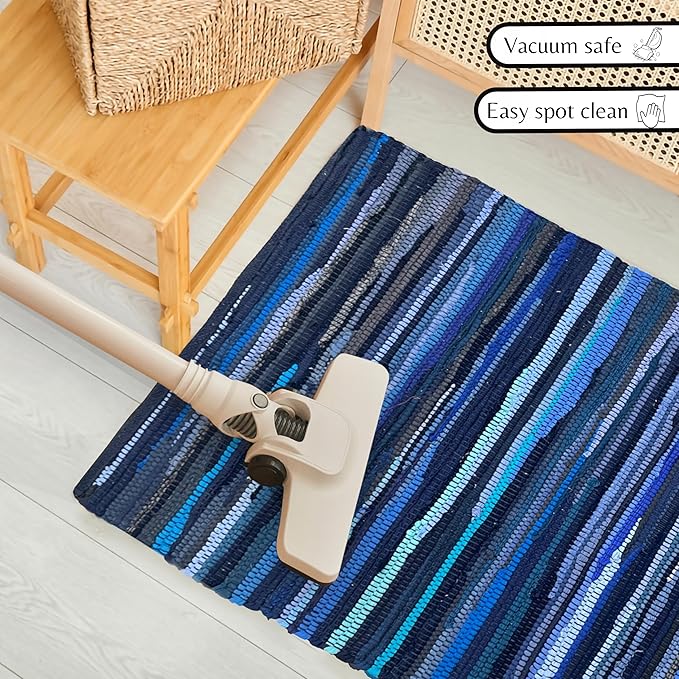 Ramanta Home Cotton Rag Rug 2'x3' - Navy, Braided Recycled Rugs for High Traffic Area, Boho Farmhouse Rug for Living Room, Kitchen, Entryway Bedroom Floor Mat - 24"x36"