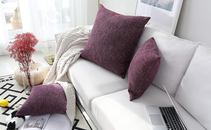 Kevin Textile Faux Linen Square 2 Tone Woven Throw Pillow Sham Cushion Case Covers for Car/Couch Use, 24-inch(2 Pack, Red Purple)