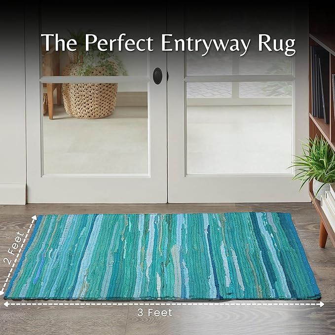 Cotton Hand Woven Chindi Rug 2x3 Feet - Teal, Reversible Accent Front Door Mat Ideal for Kitchen, Entryway, Laundry Room | Green Durable Farmhouse Indoor Outdoor Floor Rag Rugs Ideal for Kids Space
