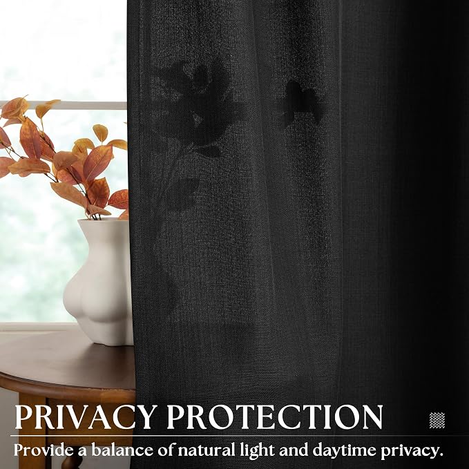 Black Linen Curtains 108 Inches Long 2 Panels for Living Room Divider Grommet Non-See-Through Drapes Neutral Modern Farmhouse Semi Sheer Window Curtains 108 Inch for Bedroom Sliding Door 9 Ft Tall