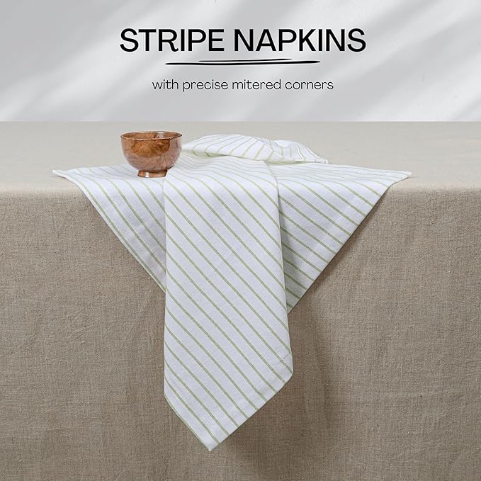 Lemon Green Stripe Cloth Napkins (Set of 6), 18x18 Inch, 100% Cotton, Classic Striped, Soft, Absorbent, Washable Fabric, Durable Table Napkin for Dinners, Luncheon, Everyday Dining