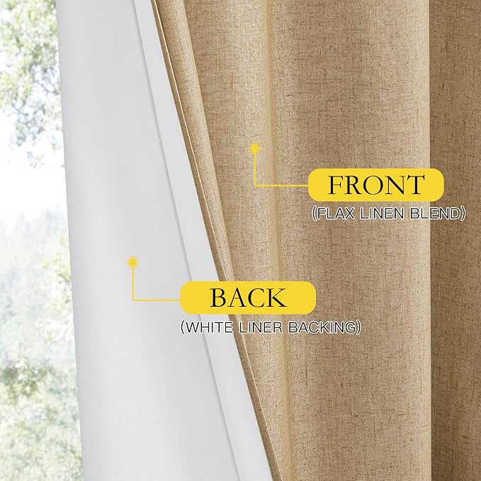 NICETOWN 100% Blackout Linen Curtains with Thermal Insulated White Liner, Camel, 52" Wide by 63" Long, 2 Pieces, Rod Pocket & Back Tab Linen Blend Privacy Window Treatments for Bedroom/Kids' Room