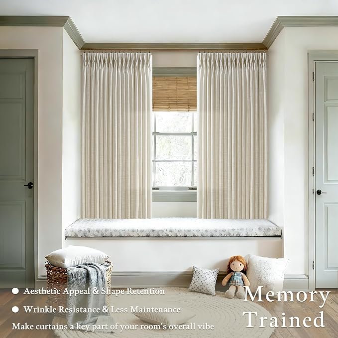 63 Inch Semi Sheer Curtains 2 Panel Set for Kitchen Dining Small Windows Pinch Pleated Neutral Boho Light Filtering Flax Linen Beige Curtains Privacy Pinch Pleat Back Tab for Living Room Bedroom