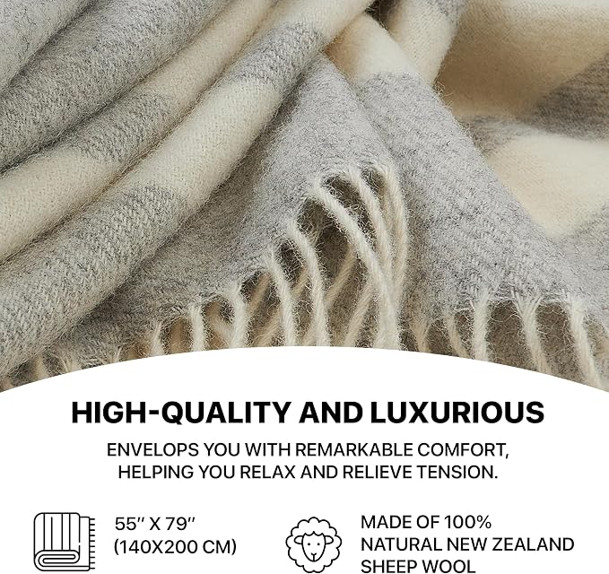 | Wool Blanket/Throw | 100% New Zealand Wool | Perfect for Home and Outdoors | Virgin Wool Blanket with Fringes 55"x79" (140 x 200 cm)