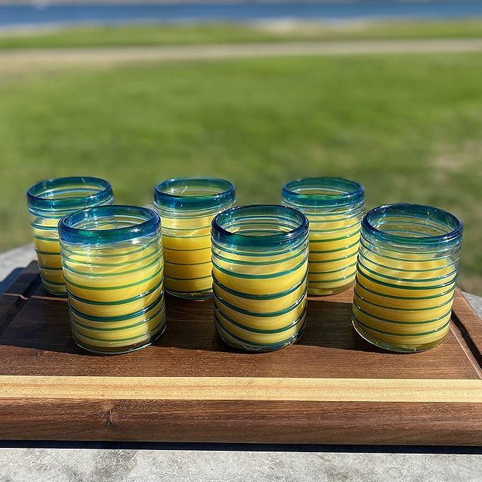 Dos Sueños Hand Blown Mexican Drinking Glasses – Set of 6 Tumbler Glasses with an Aqua Spiral Design (10 oz each)