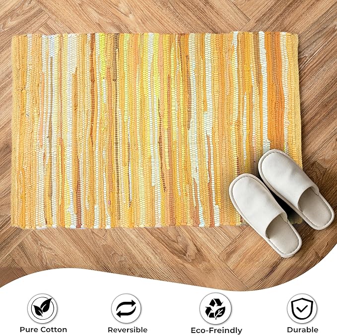 Cotton Hand Woven Chindi Rug 2x3 Feet - Mustard, Farmhouse Small Soft Durable Handmade Throw Carpet for Entryway, Kitchen, Laundry Room | Yellow Braided Textured Rectangular Rag Rugs for Bathroom