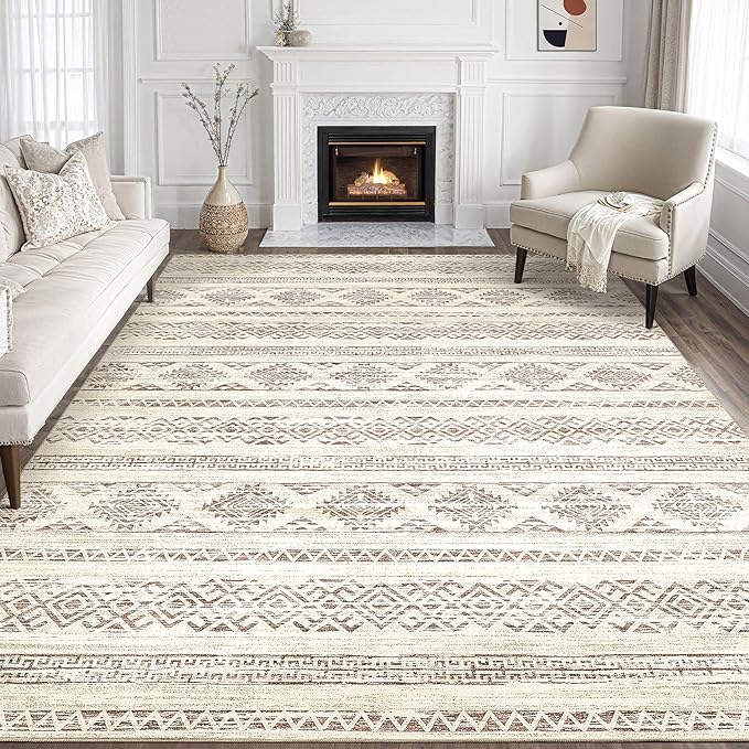 Tortania Area Rug Living Room Rugs - 10x12 Washable Large Soft Neutral Boho Moroccan Bohemian Farmhouse Rug Indoor Floor Carpet for Bedroom Under Dining Table Home Office Decor - Brown
