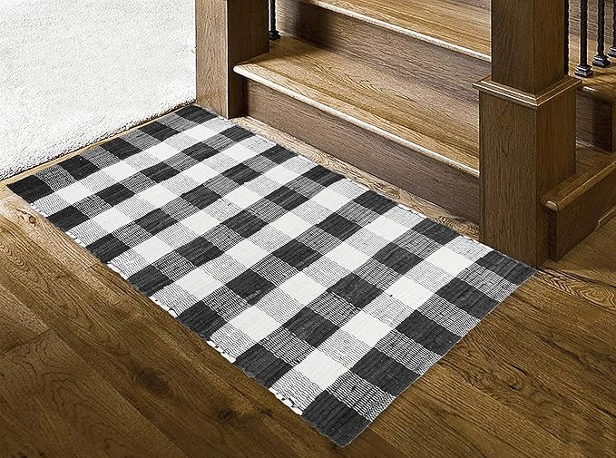 GLAMBURG Cotton Buffalo Check Plaid Rugs Washable, Handwoven Checkered Rug Welcome Door Mat 22x34 Rug for Kitchen Bathroom Outdoor Porch Laundry Living Room, Farmhouse Reversible Rag Rug Black White