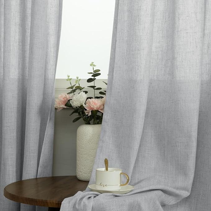 Pitalk Light Grey Linen Curtains 90 Inches Long for Living Room 2 Panels Grommet Long Drape Light Filter Semi Sheer Dove Silver Gray Curtain for Bedroom French Door Boho Rustic Farmhouse 52x90 Length