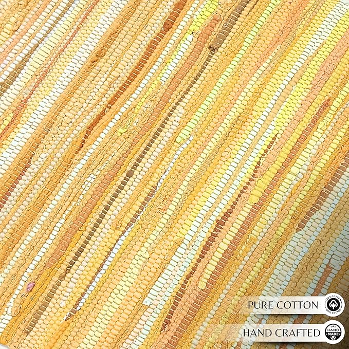 Ramanta Home 100% Cotton Hand Woven Tonal Chindi Rag Rug 2'x3' - Mustard, Recycled Reversible Rug, Boho Rustic Farmhouse Rugs for Living Room, Dinning Room, Kitchen Floor Mats - 24"x36"