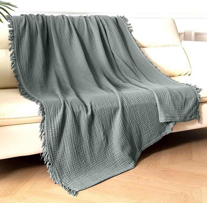 KyraHome Muslin Blankets for Adults, Bed, Couch, 90" x104“ King,100% Organic Cotton Pre-Washed, Breathable Lightweight Gauze Bed Blankets, Bedspread, All Season, Sage Green
