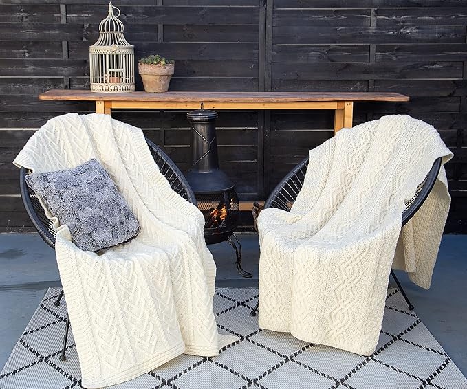 SAOL Irish Throw with Shamrock - 100% Merino Wool Aran Couch Blanket 48'' x 68'' (122 x 173 cm) (Natural)
