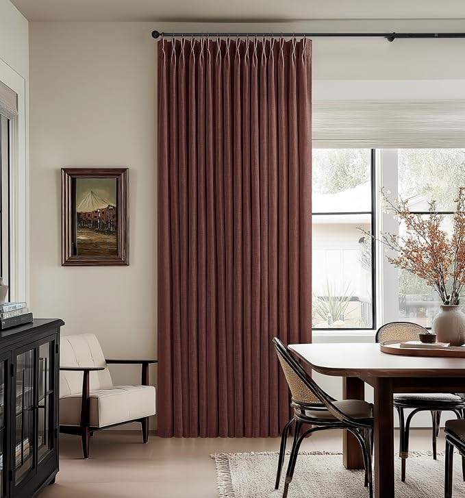 Chestnut Brown Pleated Thick Linen Curtains 108 Inches Length 2 Panels for Living Room Bedroom 9 ft Semi Sheer Privacy Country Linen Cotton Blend Window Curtain Panel Brownish Red Back Tab Drapes