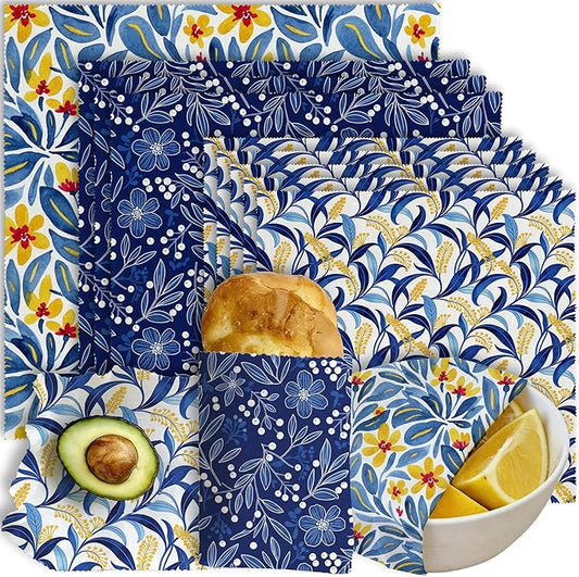 Reusable Beeswax Wrap, 9 Pack Eco-Friendly Food Storage for Sandwich, Bread & Bowl, Organic Cotton, Sustainable, Zero Waste, Plastic-Free, 1XL, 3M, 5S, Blue Botanical & Floral Leaf Patterns