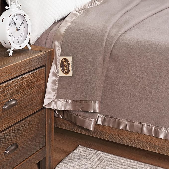 Creswick Woollen Mills 100% Australian Merino Wool Blanket – Soft Warm and Natural with Satin Binding, Breathable Luxury Bedding for All Seasons, (Flax, Throw)