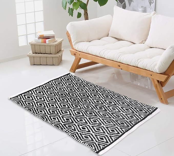 Chenille Cotton Diamond Rug 21x34 Inches - Black, Reversible Small Soft Washable Front Door Mat Ideal for Kitchen, Entryway, Bathroom | Farmhouse Boho Accent Indoor Throw Rugs for Bedroom, Patio