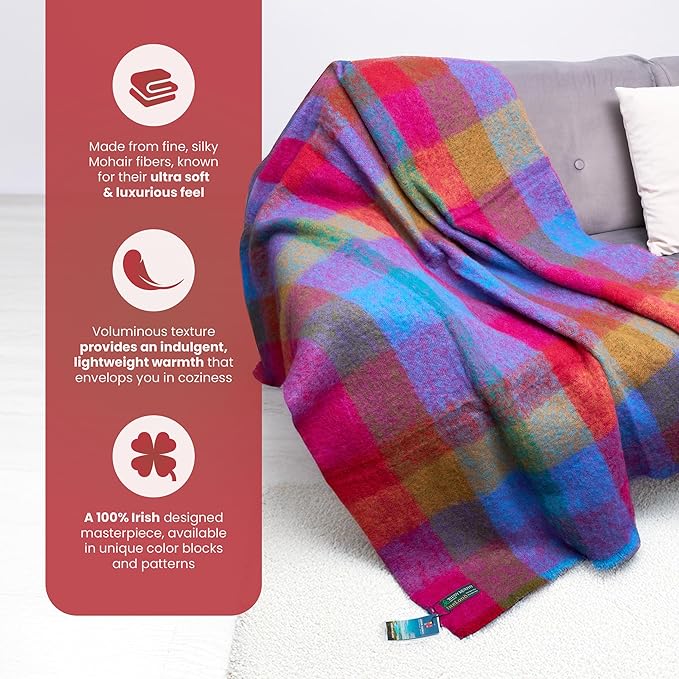 Biddy Murphy Ultra Soft Irish Mohair & Wool Throw Blanket, Made in Ireland, 54"x72", Bright Pink Mustard Purple & Aqua Block Check