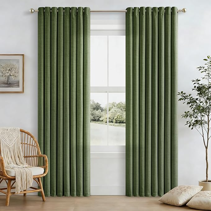 84 Inch Length 2 Panels Set Moss Green Linen Curtains Olive Green Light Filtering Semi Sheer Grommet Drapes Thick Linen Privacy Non-See-Through Curtain for Living Room 52x84